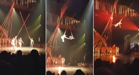 Yann Arnaud, estaba suspendido por unas correas sobre el escenario cuando cay&oacute; al vac&iacute;o.